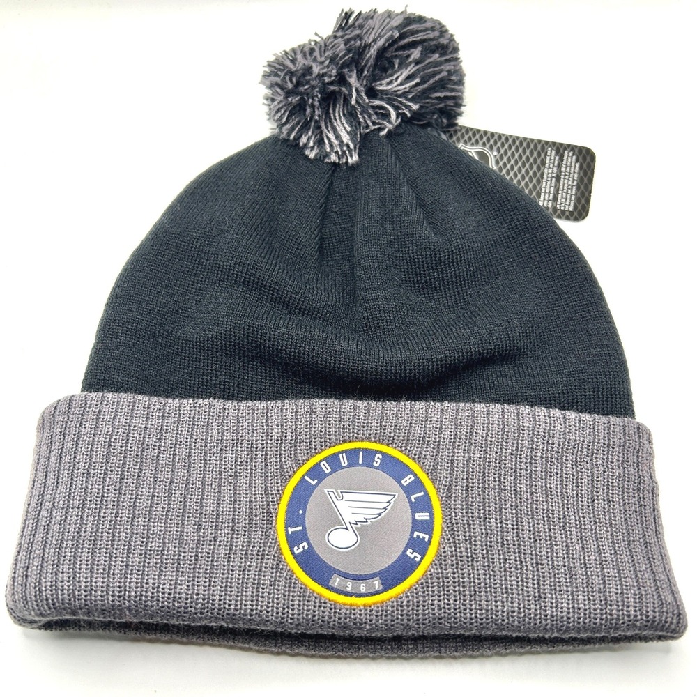 St. Louis Blues NHL Beanie Hat OS Black Gray Pom Pom Logo Winter Knit Cap Hockey